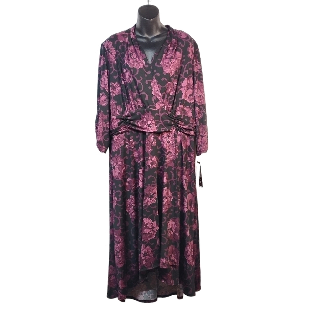 Perfection New York Women's Black Purple Ruched Stretch Dress Size 1X NWT